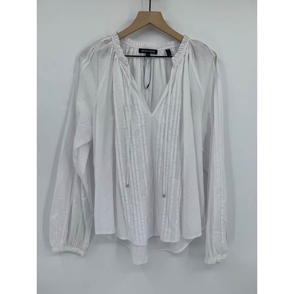 Veronica Beard Shirt Womens XL White Pintuck Blouse Cotton Long Sleeve V-Neck